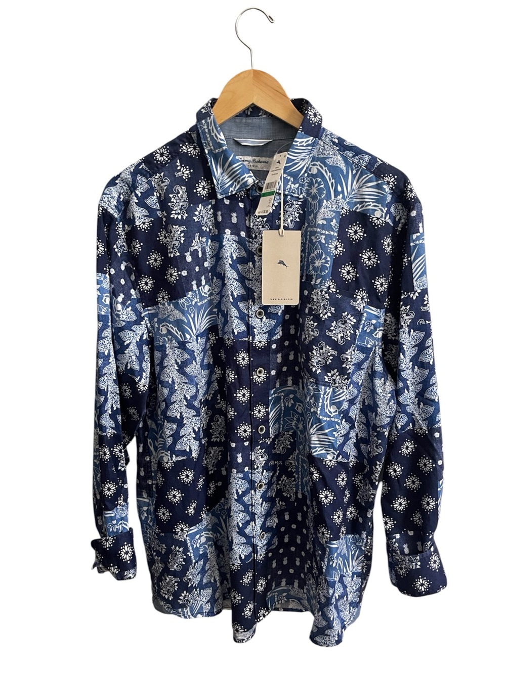 Tommy Bahama Tortola ST326816 Bandana Blue Jean Patchwork Floral Shirt L $138